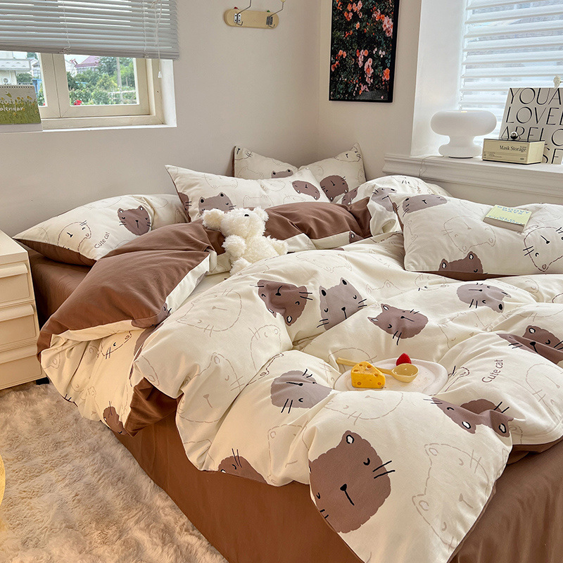 Juego de Ropa de Cama de Algodón Puro Cepillado 2024, Juego de Cuatro Piezas con Funda Nórdica, Sábana Bajera Ajustable, Juego de Tres Piezas para Dormitorio, Lujo Ligero de Invierno