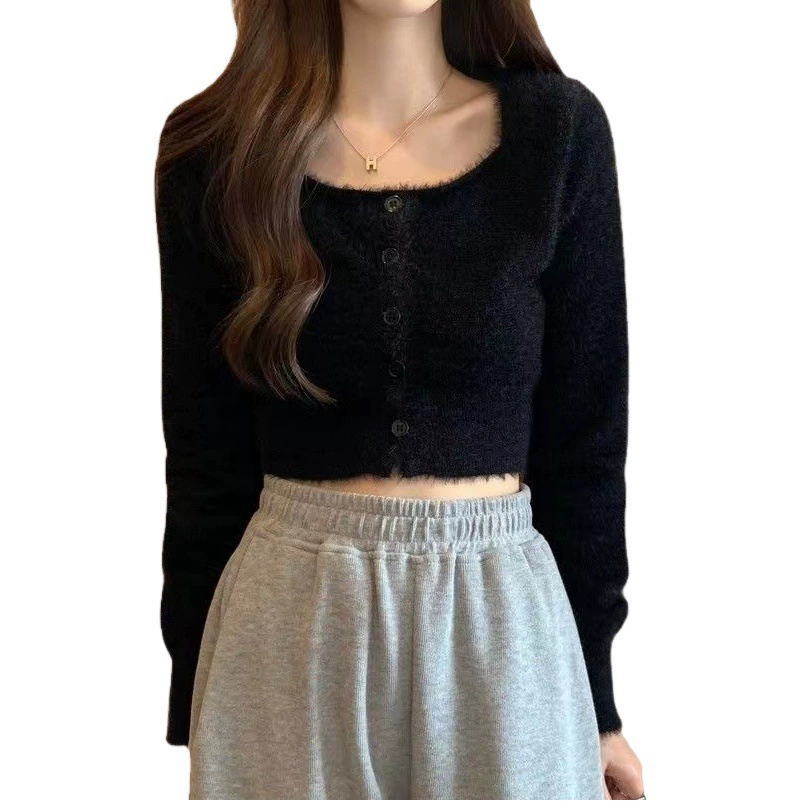 Норковый свитер с квадратным воротником и длинными рукавами, мягкое восковое ленивое осенне-зимнее мягкое короткое приталенное универсальное женское модное пальто