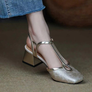National Style French Style Socialite Color Matching Baotou Sandals Women's High Heels Women's T-strap Matching Skirt Summer Coarse Heel Single-layer Shoes for Women