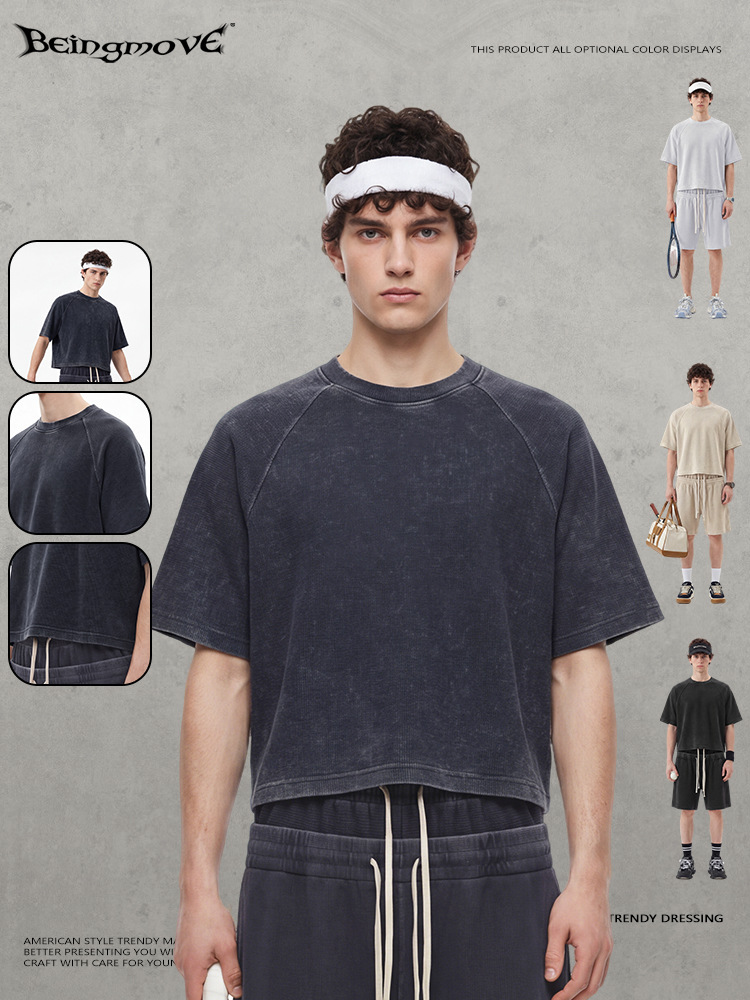 Calle secada| Primavera y verano ropa de hombre estilo americano retro calle viejo waffle manga corta suelta camiseta transpirable para hombre