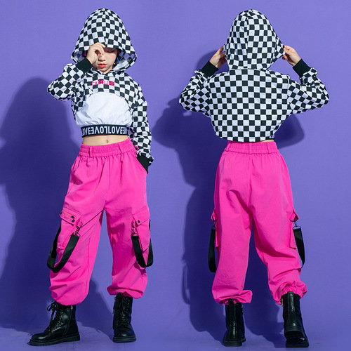 Plaid with hot pink hiphop rapper Street dance costumes for girls children's tide drum model show gogo dancers performance clothes 