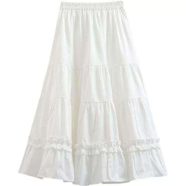 White A-Line Skirt for Women, Spring and Summer, Mid-Length, Cute High-Waisted Pleated Slimming Umbrella Skirt, Tiered Skirt