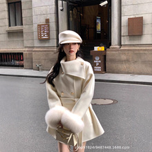 韩系千金围脖双面羊毛小个子大衣狐狸毛斗篷毛呢外套女2025年新款