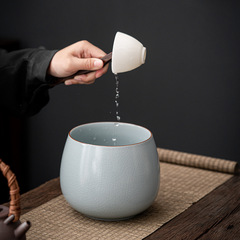 9WOR陶瓷汝窯水盂茶洗建水茶水缸哥窯茶桶家用復古功夫茶渣缸功夫