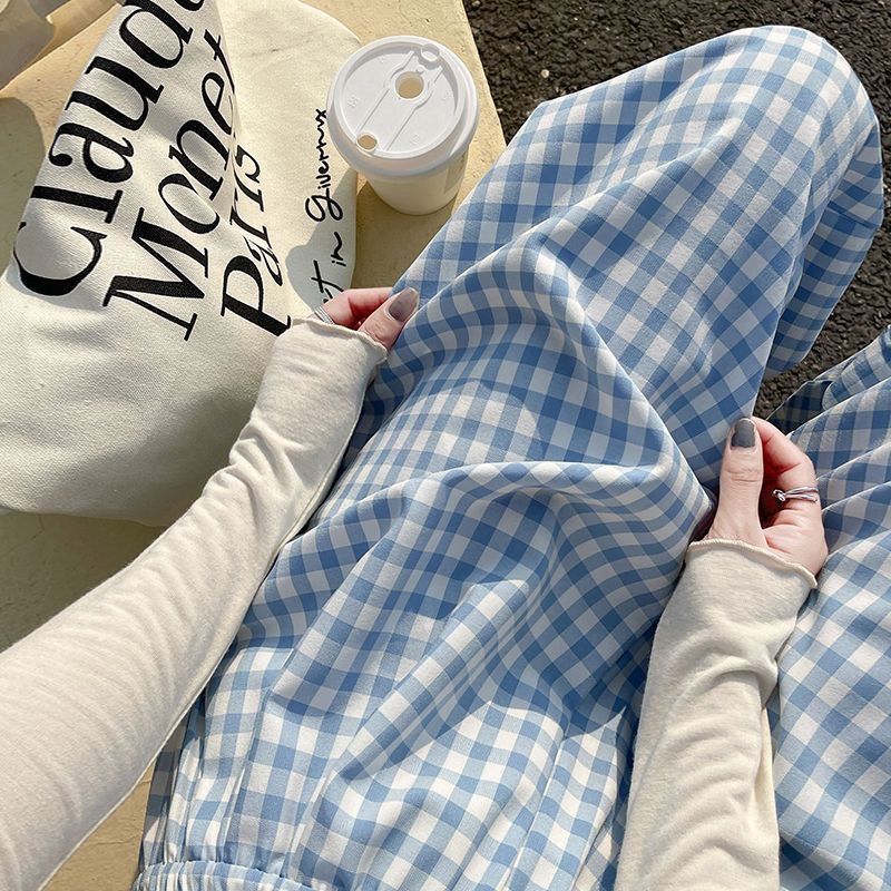 2026 verano azul y blanco contraste de pantalones de celosía de dopamina de cintura alta sensación pantalones de piernas anchas pantalones casuales delgados pantalones de mujer