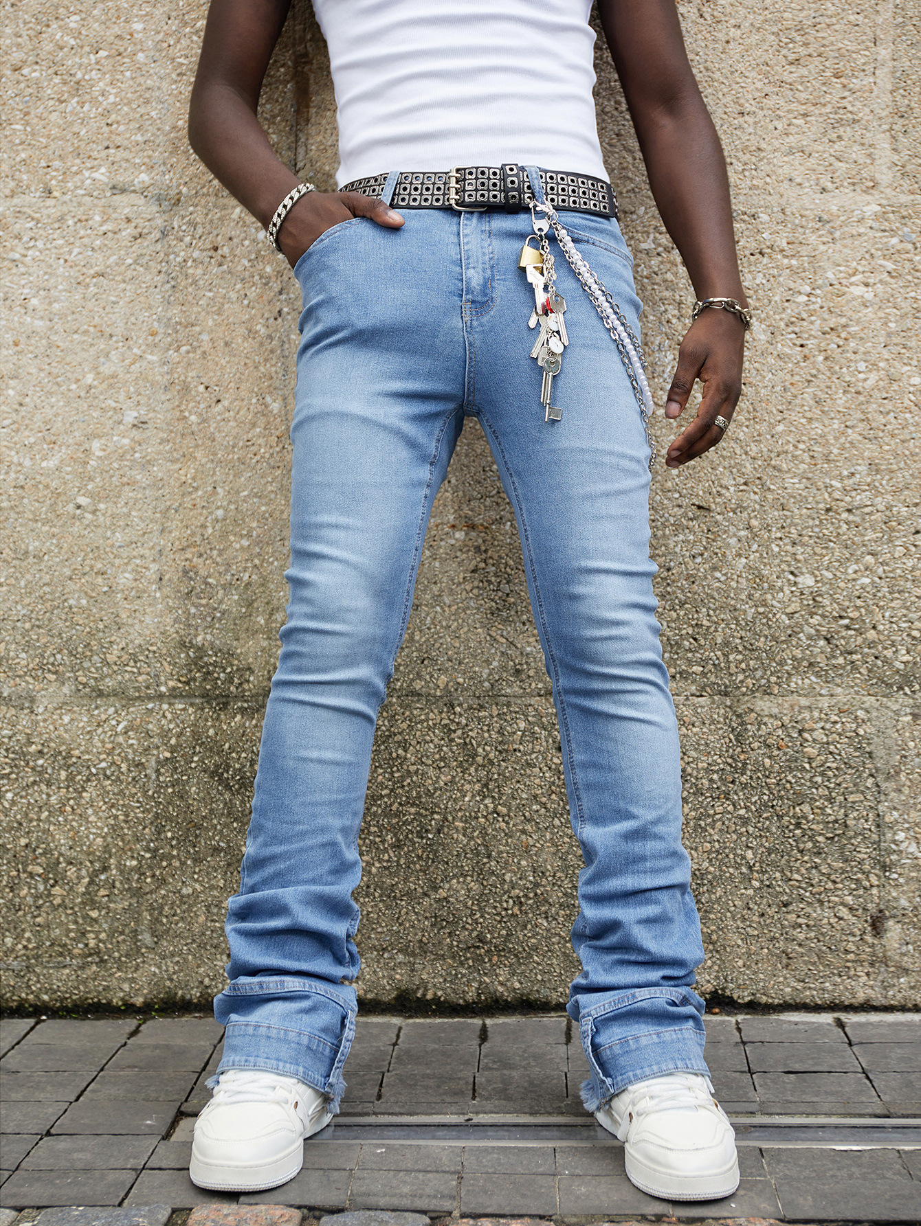 Men's Straight Leg Jeans Midweight Stretch Patch Denim Mid Waist Long Trousers Street Style Instagram Popular_mkmklike.com