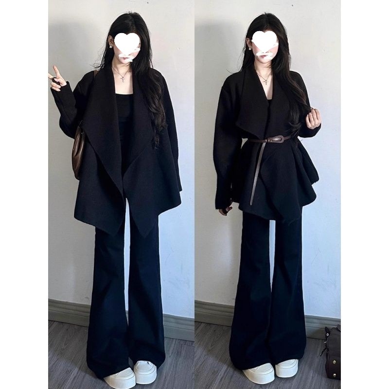 韩系针织设计收腰百搭外套新款气质宽松翻领开衫毛衣穿搭