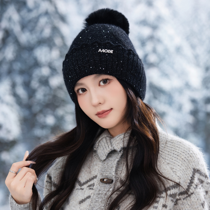 时尚百搭亮片花边兔毛毛线帽韩版大头围防寒护耳帽秋冬休闲保暖帽|undefined