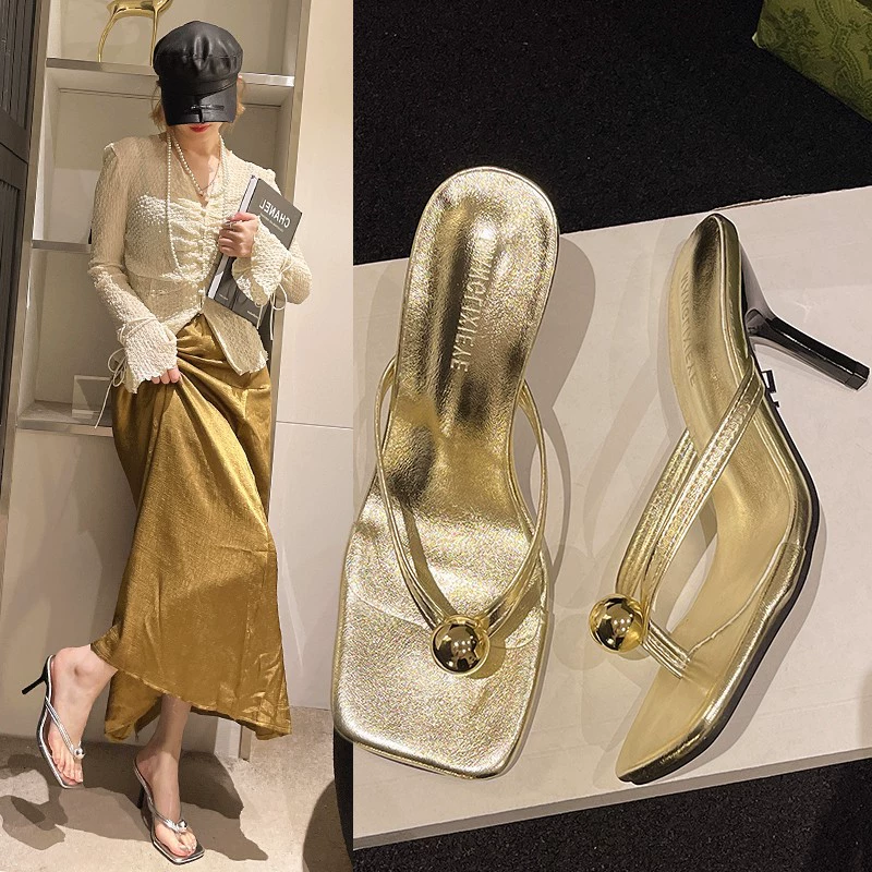 Женские туфли на высоком каблуке лето 2025, новая модель, французские толстоподошвенные шлепанцы, жемчужные босоножки, универсальная обувь, женские вьетнамки