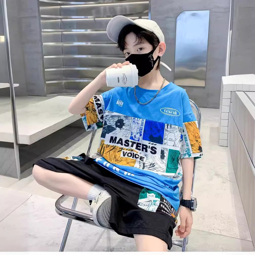 Children's Summer Outfit for Boys - Oversized Han Style Stylish Casual Loose Letter Fashion Two-Piece Set