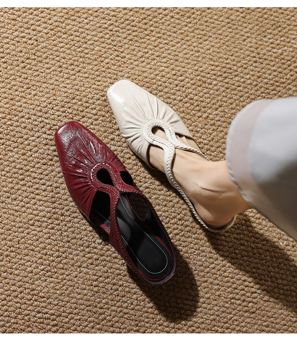 Dép mule nữ gót thấp 4 cm, mũi kín hở gót, kiểu dệt đan họa tiết — Rượu vang đỏ chi tiết 3