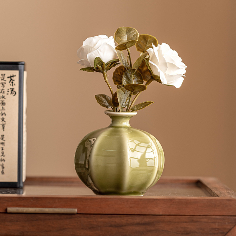 耀州窑灯笼式小花瓶轻奢高级感家用客厅插花干花摆件陶瓷创意花器