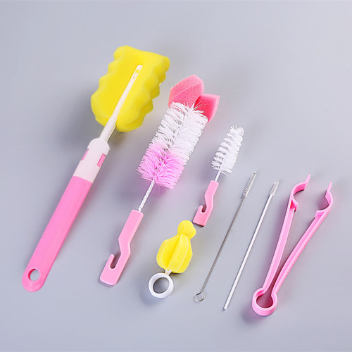 Nursery bottle brush set, bottle cleaning brush, sponge, nipple brush, stainless steel straw brush, baby bottle brush seven-piece set 6055