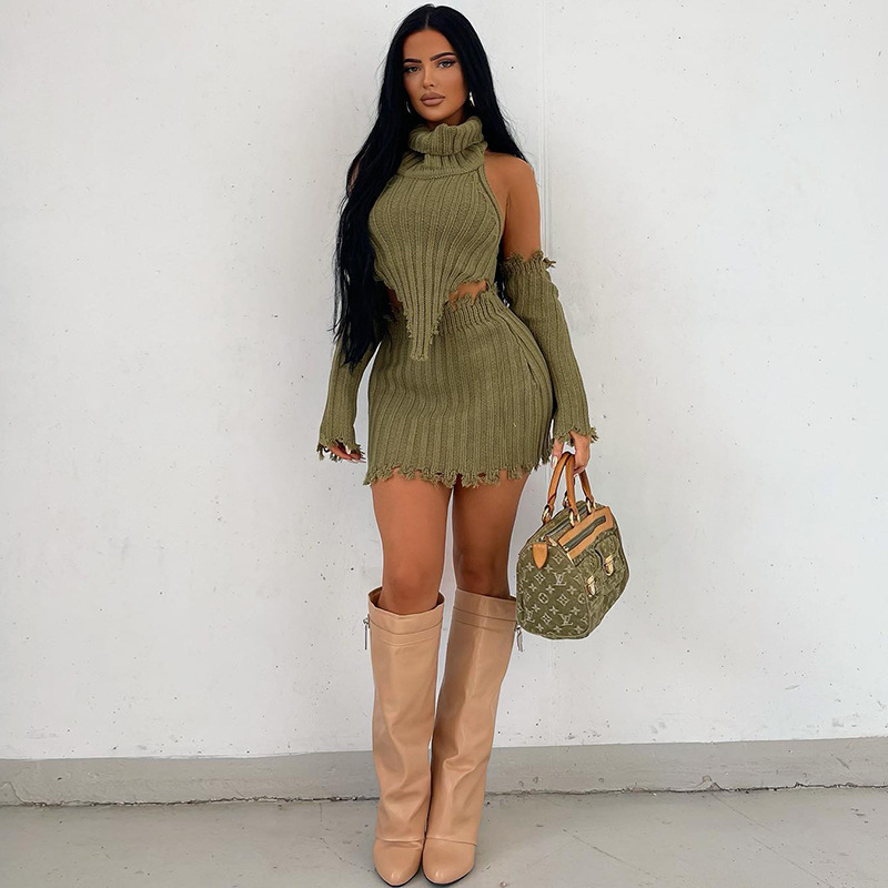 solid color turtleneck knitted backless sweater with sheath skirt two-piece set NSTNV139299