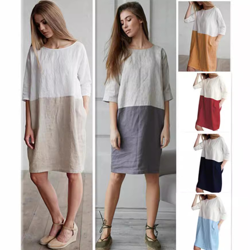 2022 European and American New Loose Solid Color Cotton and Linen Stitching Dress Round Neck Seven-point Sleeve Skirt Tunic New