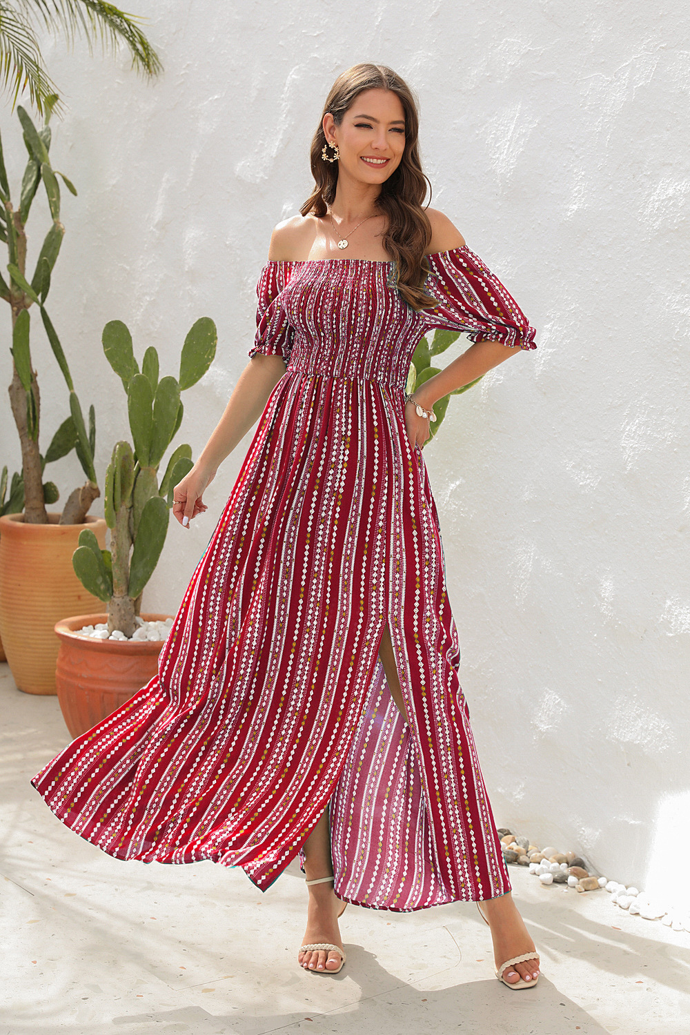 Spring Summer Vertical Stripes Floral Print Slit Waist Dress - Ootddress