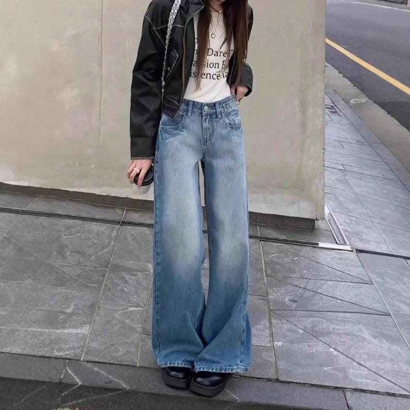 American Retro Straight-Leg Jeans 2026 Spring and Autumn New Washed High-Waisted Loose Fit Petite Wide-Leg Floor-Length Pants