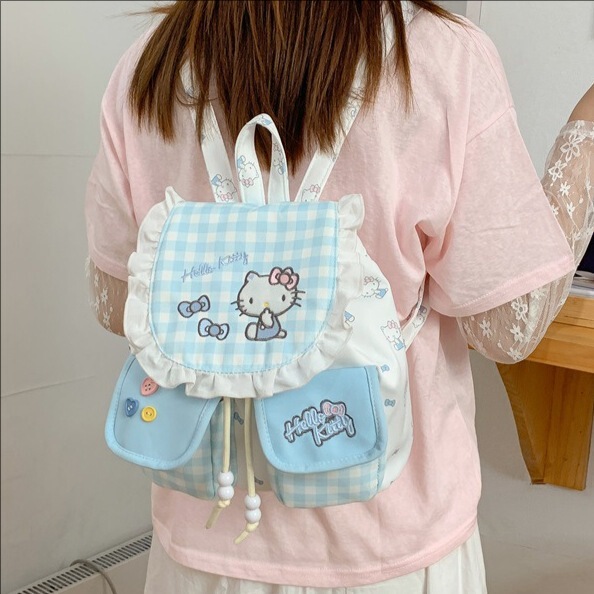Korean-Style Blue Cute Kitten Backpack with Ruffled Edges, Double Pockets, Drawstring Backpack, Cartoon Mini School Bag for Girls Korean-Style Blue Cute Kitten Backpack with Ruffled Edges, Double Pockets, Drawstring Backpack, Cartoon Mini School Bag for Girls