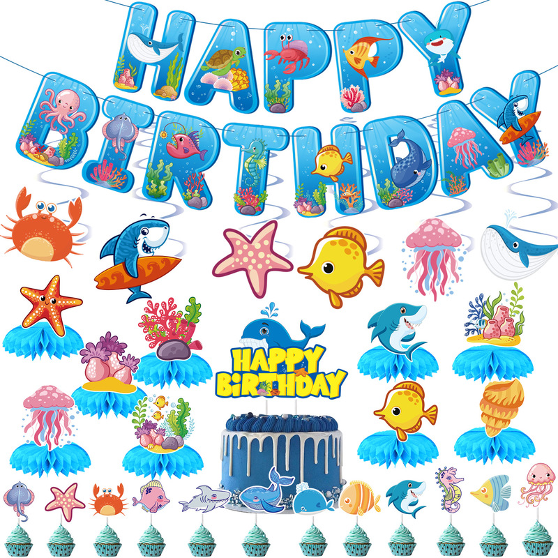 Marine Animal Shark Theme Birthday Flag Banner Ocean Cake Plate Spiral Hangcard Shark Honeycomb Decoration