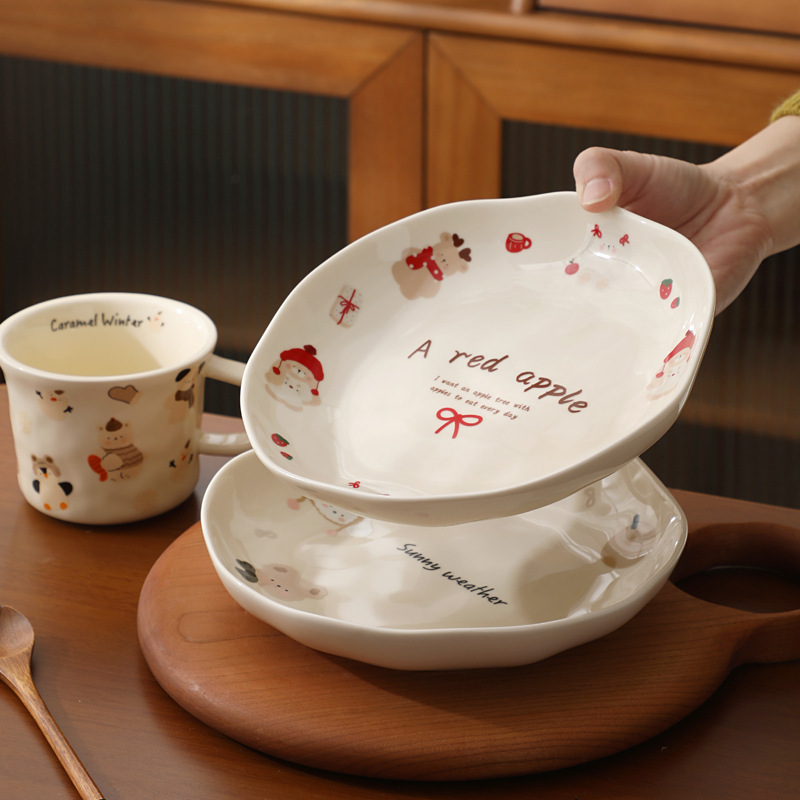 Xujia Mengmengjia Cute Cartoon Ceramic Tableware Bowl and Dish Set Household Plate 8inch Deep Plate Rice Plate Dessert Plate