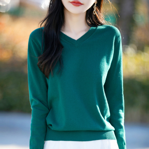 Cotton Knit Sweater for Women, V-Neck, Long Sleeve, Thin Innerwear—Spring and Autumn Top, Loose-Fitting Pullover Base Layer