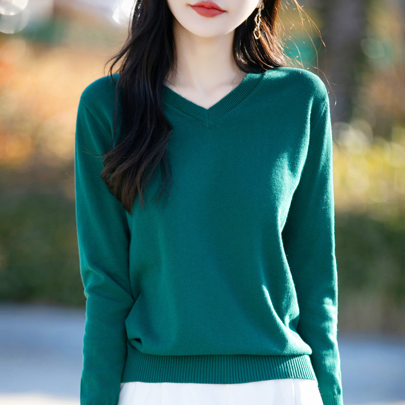 Cotton Knitted Sweater Women's V-Neck Long-Sleeved Thin Inner Sweater Spring and Autumn Top Loose Pullover Sweater Base-Layer Shirt Cotton Knitted Sweater Women's V-Neck Long-Sleeved Thin Inner Sweater Spring and Autumn Top Loose Pullover Sweater Base-Layer Shirt