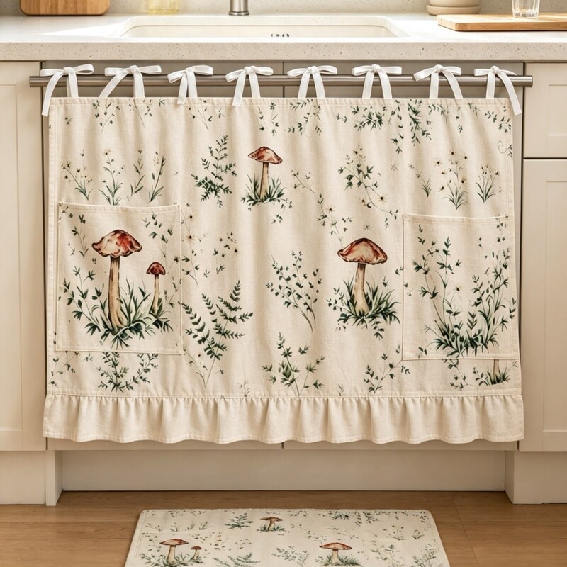 Rustic Mushroom Pattern Oven Curtain with Pleated Lace for Kitchen Stove and Cabinet, Adjustable Bow Tie Short Curtain Rustic Mushroom Pattern Oven Curtain with Pleated Lace for Kitchen Stove and Cabinet, Adjustable Bow Tie Short Curtain