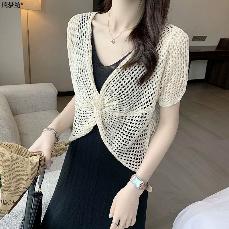 Блузка с вырезами, Женский Летний Новый пуловер, сетчатая рубашка из ледяного шелка, тонкая маленькая Внешняя Юбка с шалью, топ с ремнем