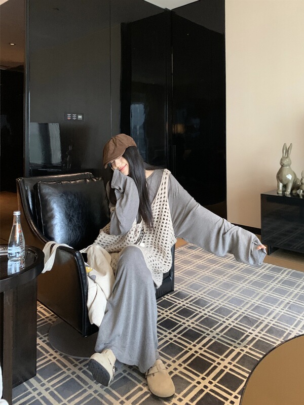 慵懒风套装宽松长袖连衣裙女装秋季叠穿镂空渔网大背心马甲两件套|undefined