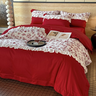 French 100 Wedding Long-Staple Cotton Wedding Four-Piece Set Red Quilt Cover New Wedding Bedding Wedding Room Three-Piece Set