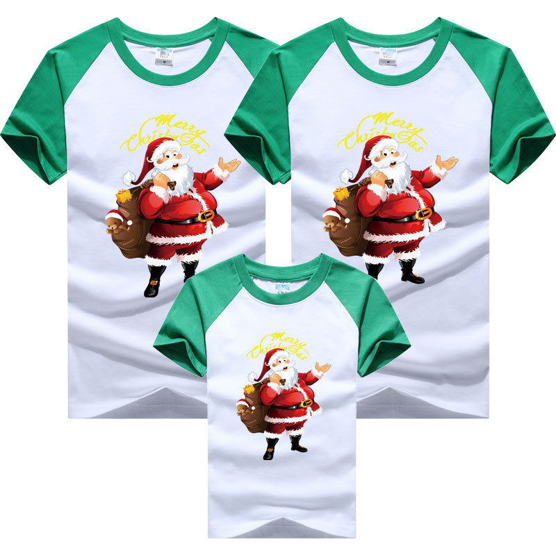 Camiseta de manga corta para padres e hijos 2024 Navidad Santa Claus ropa para niños estilo europeo y americano cuello redondo manga raglán color a juego
