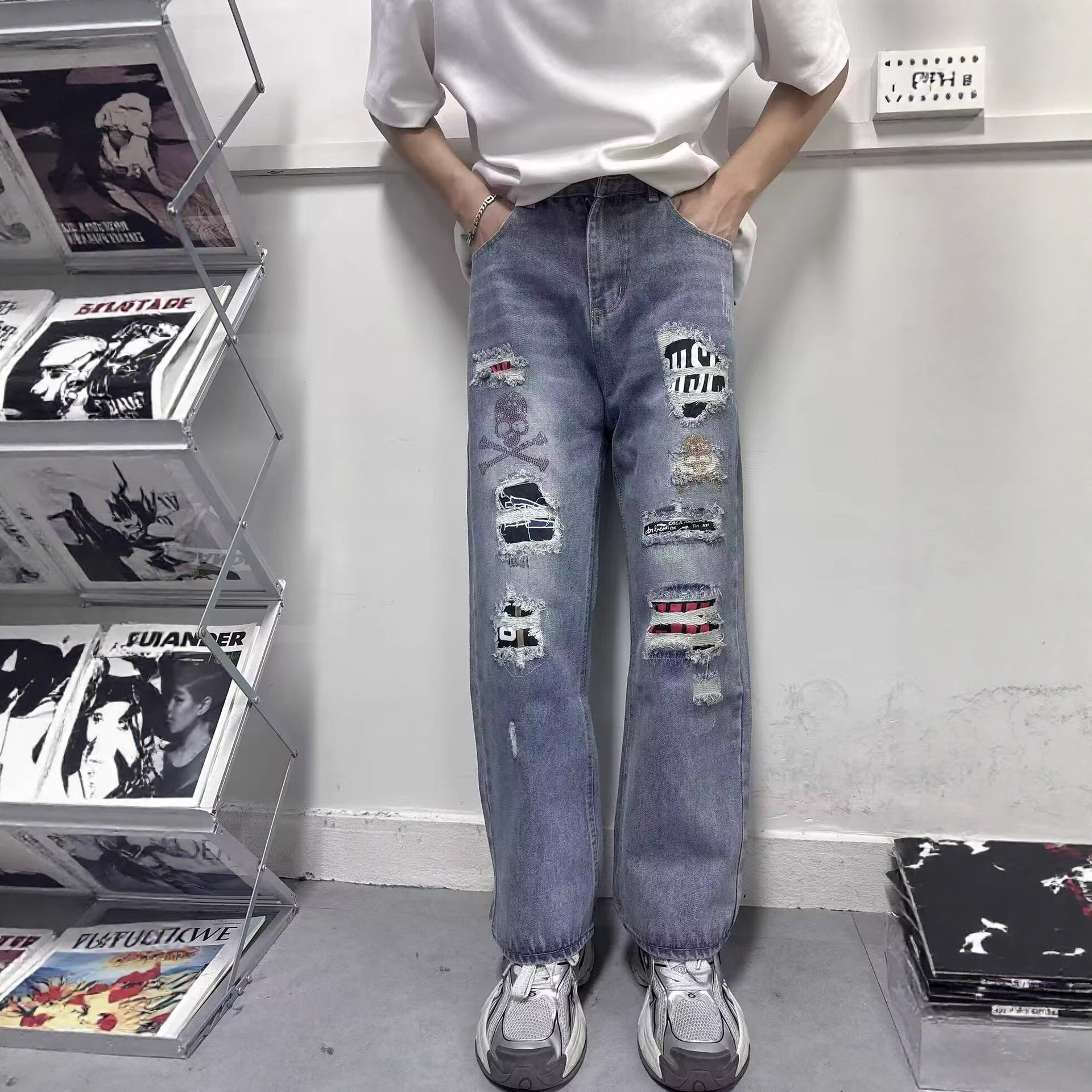 New Retro High Street Plus Size Loose Fit Jeans For Men Washed Paint Splattered Straight Leg Casual Long Pants Trendy_mkmklike.com