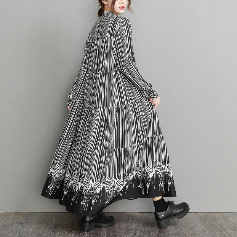 Spring 2023 New Long Sleeve Dress Long Stripe Stitching Method Retro Commuter Loose Slimming Women's Clothing