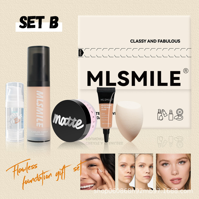MLSMILE クロスボーダー専用フェイシャルセット マットルースパウダーリキッドファンデーション + メイクアッププライマー 無料ビューティーエッグファンデーションサンプル|undefined