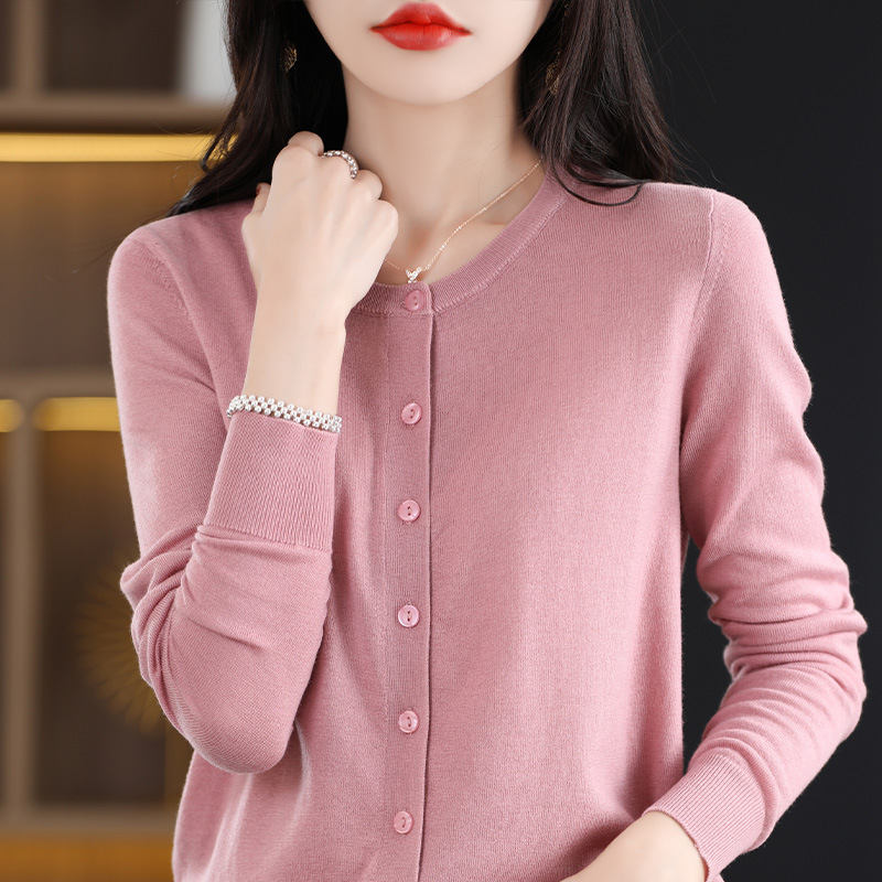 26 New Spring and Autumn Fine-Spun Thin Round-Neck Wool Knit Cardigan for Women, Solid Color, Long-Sleeve, Loose-Fitting, Versatile Jacket Top