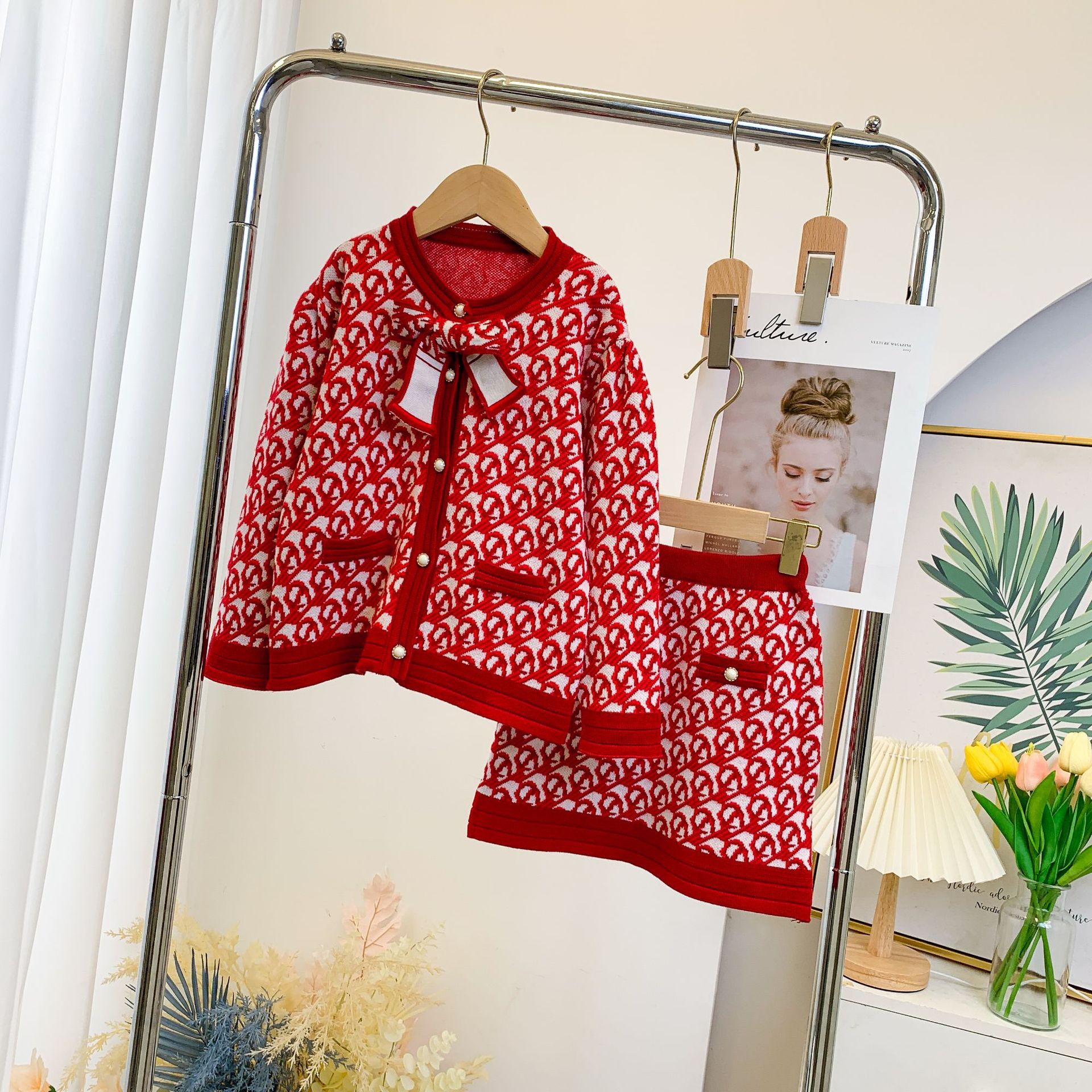 Little Fragrant Wind Thousand Bird Checker Rundhalspullover Wickelrock Zwei modische Herbst- und Wintermode für Mädchen_voghion.com