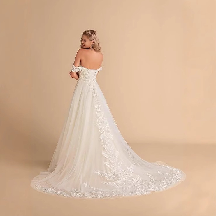 2024 nuevo vestido de novia de encaje blanco de hombro dos vestidos de novia de cola de cola de cornisa