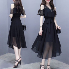 2022夏季新款黑色雪紡設計感修身顯瘦氣質輕熟風中長款連衣裙女裝
