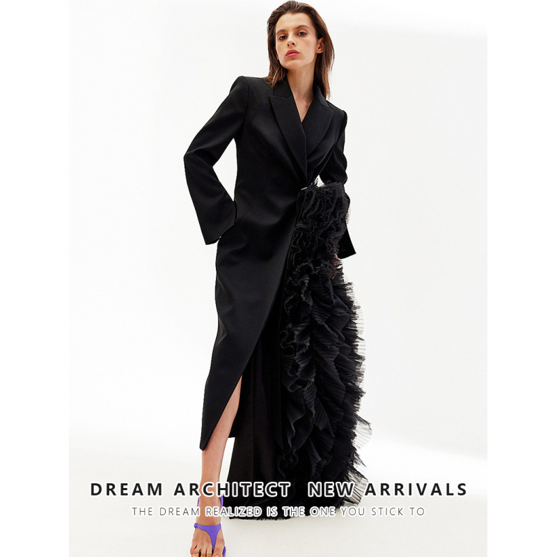 Niche Audit Asymmetric Suit Dress 2024 Autumn Style Patchwork Mesh High-End Party Gown Long Coat