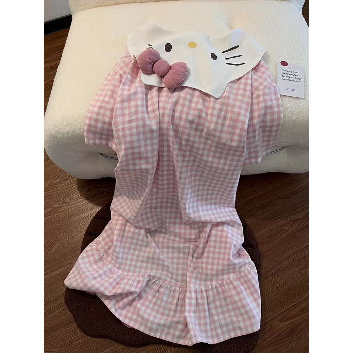 在庫ありの女性用のかわいいプリント半袖ナイトガウン、夏のホームウェア、屋外で着用できるチェック柄のドレス|undefined