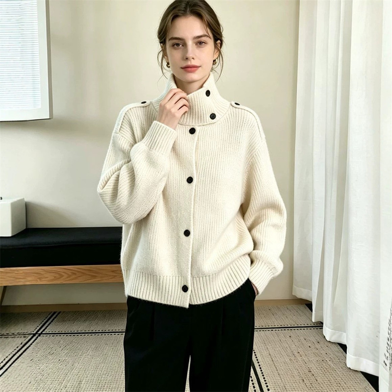European and American cross-border 2026 autumn/winter new high-neck sweater coat for women, featuring a stylish single-breasted knit cardigan design European and American cross-border 2026 autumn/winter new high-neck sweater coat for women, featuring a stylish single-breasted knit cardigan design