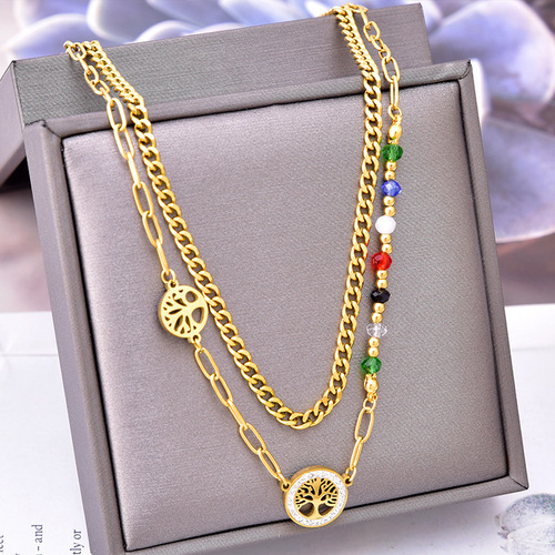 European and American cross-border bracelets colorful beads double-layer clavicle chain full of diamonds tree of life round pendant titanium steel bracelet necklace