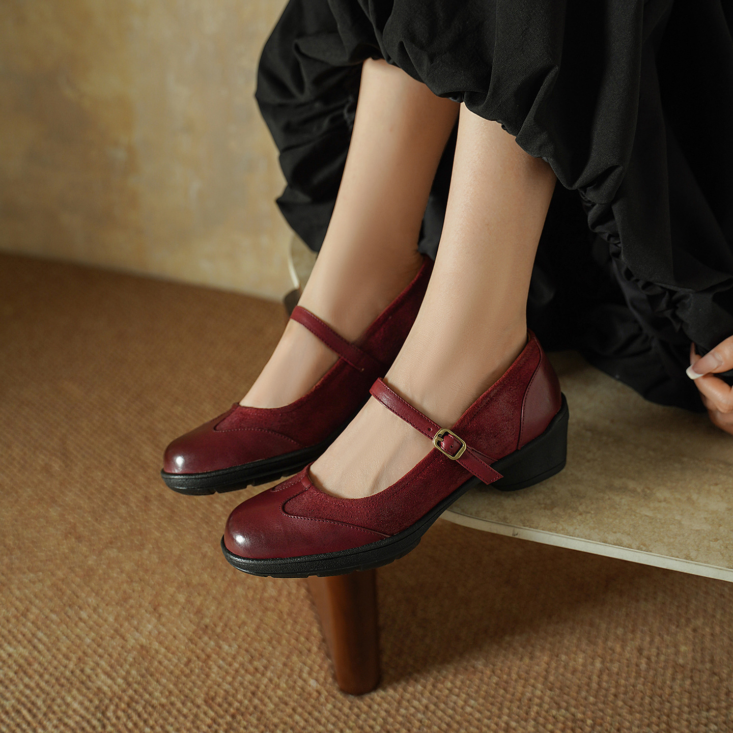Giày Mary Jane nữ da bò mũi tròn đế mềm gót trung vintage phong cách JK Anh — đen