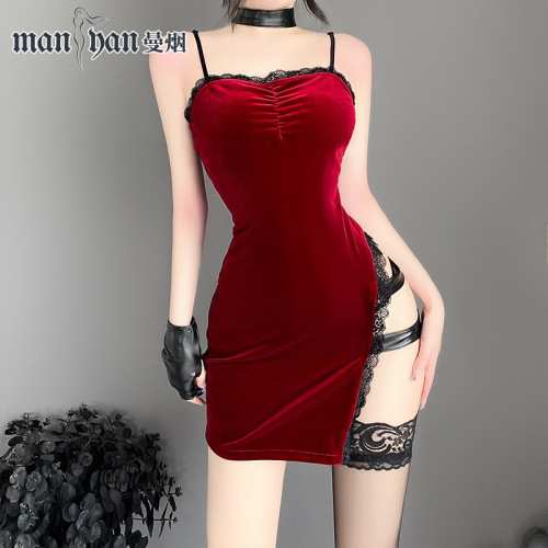 Manyan Sexy Lingerie Sexy Suspender Agent High Waist Patent Leather Slit Hollow Cheongsam Uniform Suit Dropshipping 8522