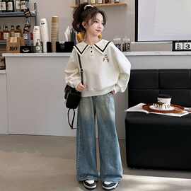 女童春秋套装2025新款女大童洋气童装海军领卫衣阔腿裤儿童两件套