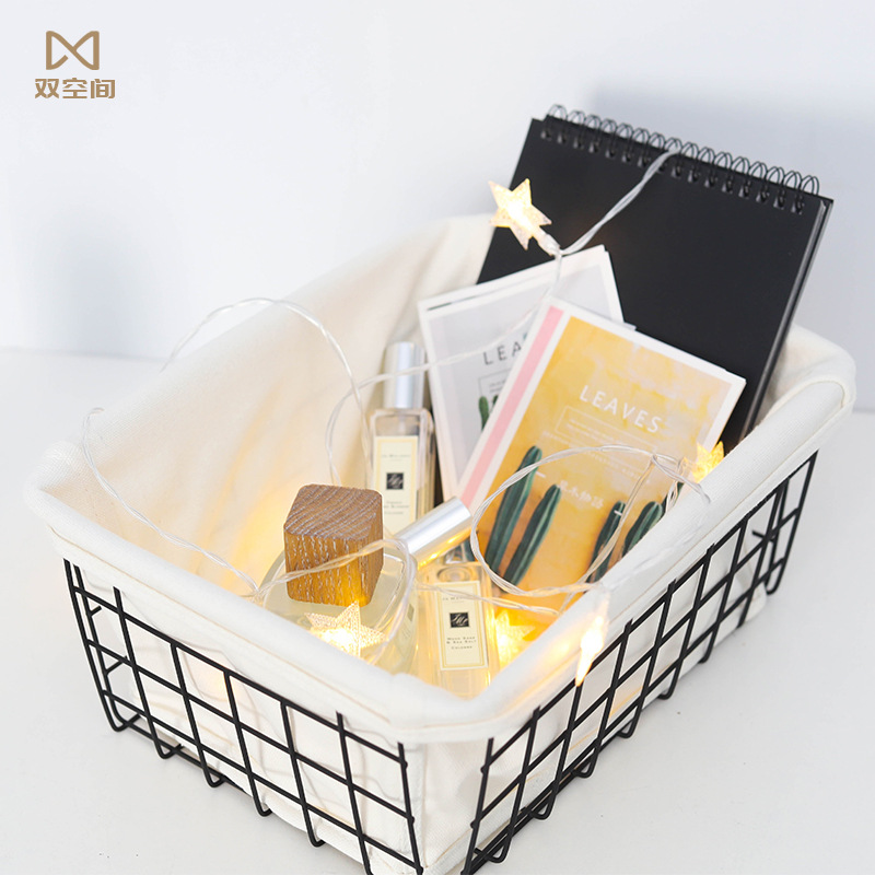 Japanese minimalist iron storage basket, iron rack, fabric cosmetic storage basket, dorm desk snack storage basket