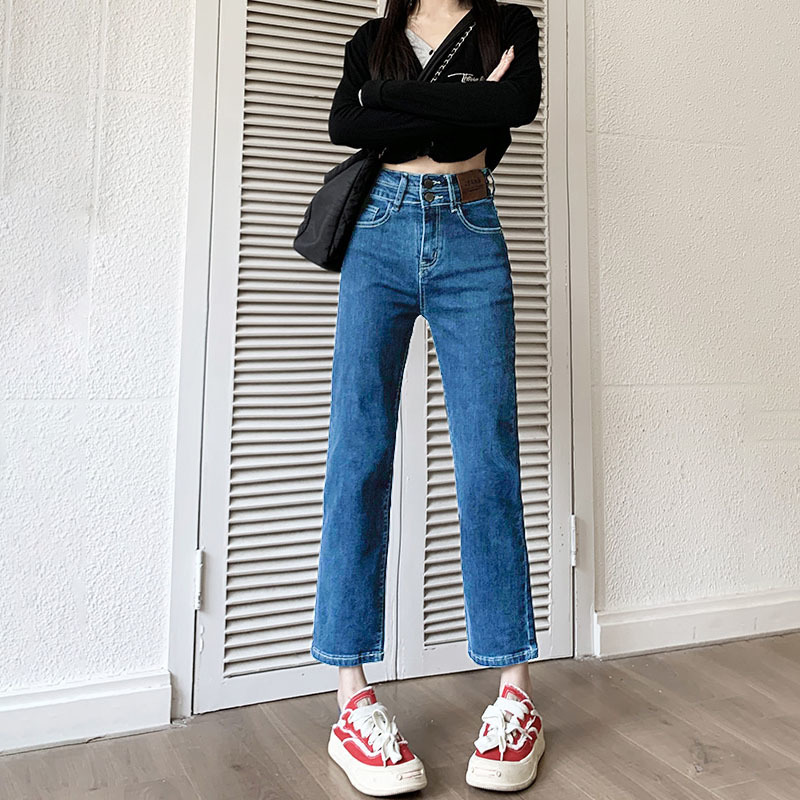 高腰休閒小個子九分直筒牛仔褲女顯高設計感顯瘦彈力煙管褲韓版潮