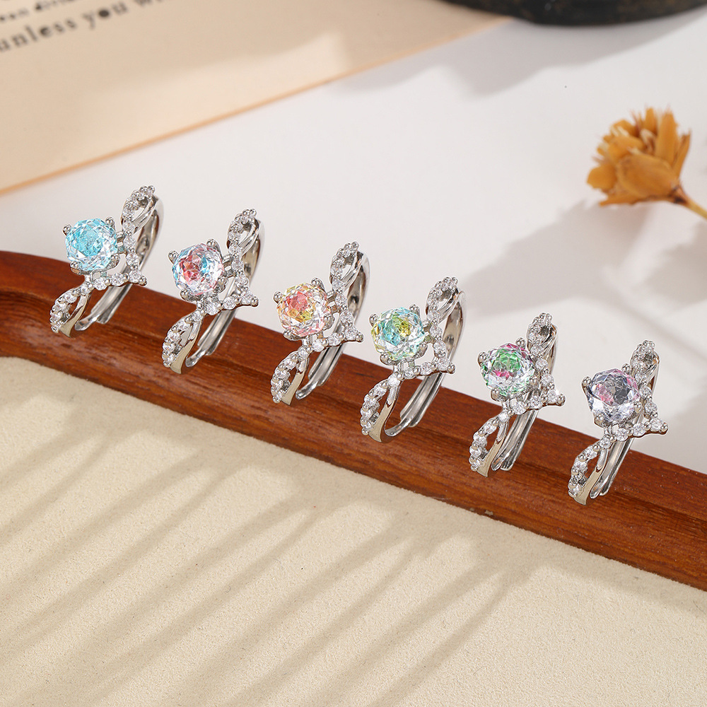 New Luxury Style Full Diamond Rose-Cut Gradient Gemstone Adjustable Ring for Women, Multi-Color Iridescent Zircon Adjustable Ring