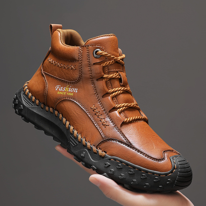 Autumn And Winter Handmade Large-Size Shoes For Men, Genuine Leather Casual High-Top Shoes, Work Martin Boots_vogvips.com