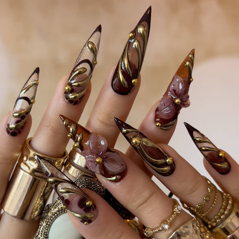 Cross-Border Wearable Long Pointed Luxury 3D Gel Niche Exaggerated Gold French Steel Ball Nail Tips Removable